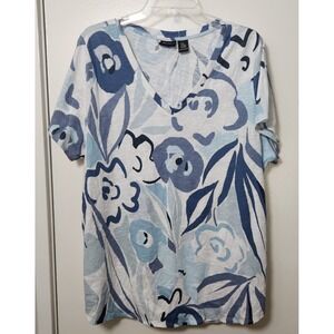 Rachel Zoe Short Sleeve‎ V-neck Blue Floral Print T-Shirt Tunic 100% Cotton 2XL